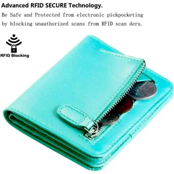 NEW Slim Wallets Cowhide Leather for Women, Natural Leather Caribbean Green - Picture 4 of 9